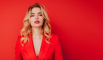 Confident Young Woman in Red Blazer Against Vibrant Red Background