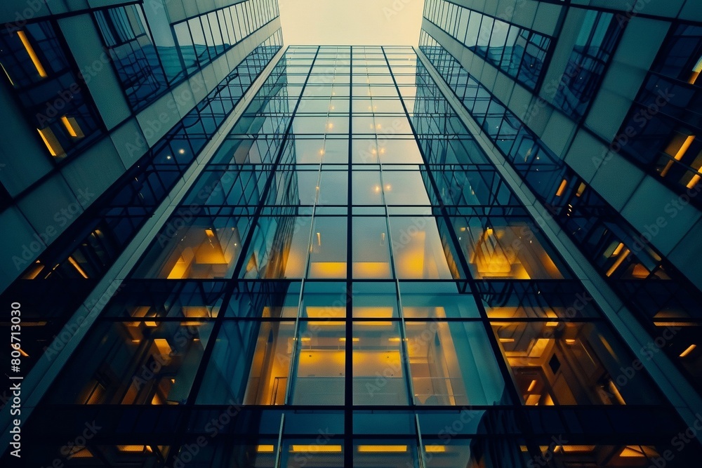 Wall mural Skyscraper atrium with illuminated interiors at dusk
