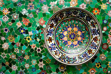 Colorful Mosaic Decorative Plate Centered on Vibrant Green Background