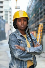 Confident Female Construction Worker in Safety Helmet on Urban Building Site