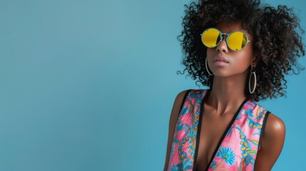 Fashionable young woman with curly hair and yellow sunglasses on blue background