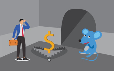 Mouse traps, snares, investment scams or traps in front of mouse holes, mouse traps placed in front of mouse holes and dollar signs