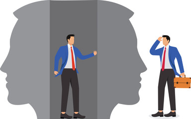 Lies or deceptions, the art of speech, liars, fraud or betrayal, dishonesty, double-dealing, Businessman standing around inside and outside of double-faced masks