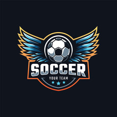 football logo. ball with wings and crown element , elegant soccer logo. Modern Soccer Football Badge logo template design