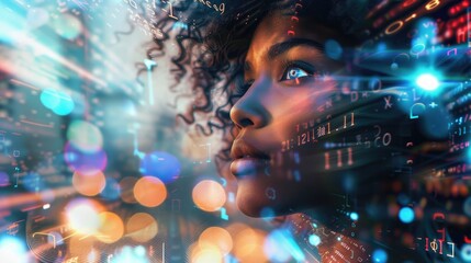 Fototapeta premium A black woman in profile with computer code and data visualizations overlaying her face, overlaying digital elements