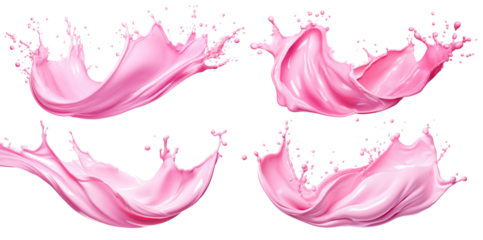 Set of splashes of pink milky liquids similar to smoothie, yogurt or cream, cut out