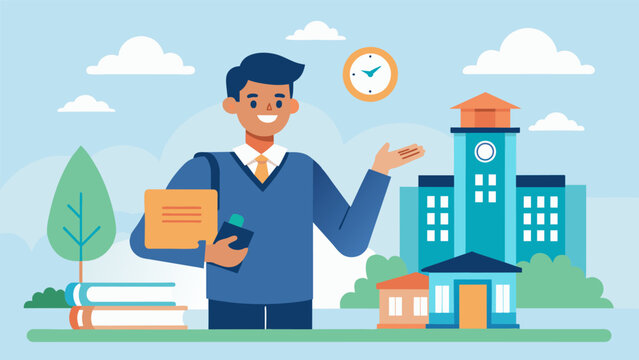 A campus tour guide highlighting the costsaving options at the community college such as scholarships and workstudy programs.. Vector illustration