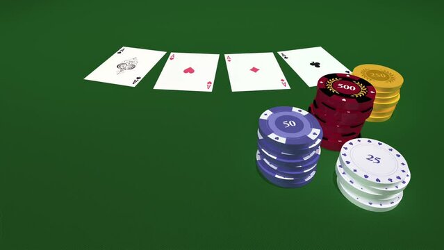 Playing Cards And Four Aces With Chips. Playing Games. Entertainment Casino Games Related 3D Animation.