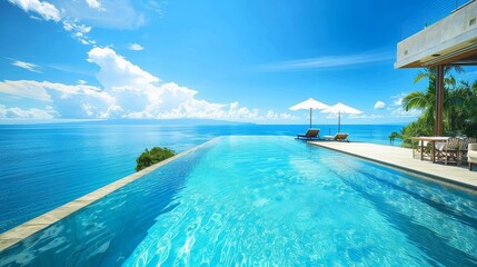 infinity pool with ocean view, surrounded by white umbrellas and chairs, under a blue sky with white clouds