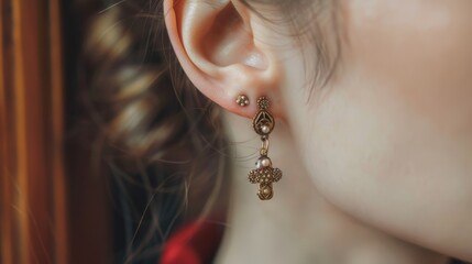 Elegant Woman Wearing Gold And Diamond Dangle Earring
