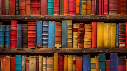A colorful bookcase filled with books of various sizes and colors
