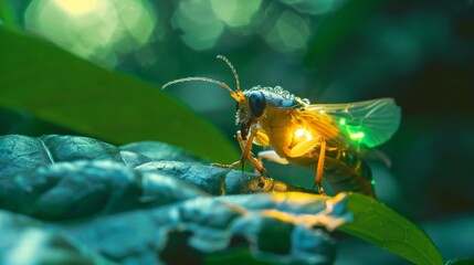 A close-up of a glowing firefly resting on a leaf, its bioluminescence twinkling