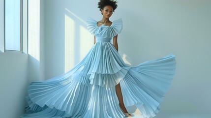 Ethereal Pose: Striking Figure in Flowing Pale Blue Garment