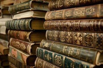 A stack of old books with gold embossing and leather binding