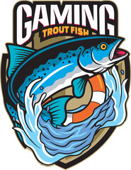Vector Illustration of Steelhead Trout Fish with Float Tire and Waves with Vintage Illustration Available for Fishing Badge