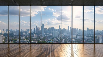 large window with cityscape view from wooden floor