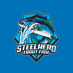 Vector Illustration of Steelhead Trout Fish and Waves with Vintage Illustration Available for Fishing Badge