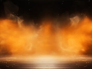 Orange smoke empty scene background with spotlights mist fog with gold glitter sparkle stage studio interior texture for display products blank 