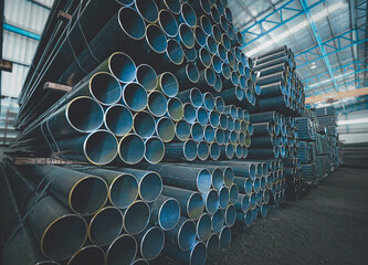 Black steel pipe for construction materials, steel, which is a group of construction steel products, 6 meters long, concept image or sample image of a steel product.