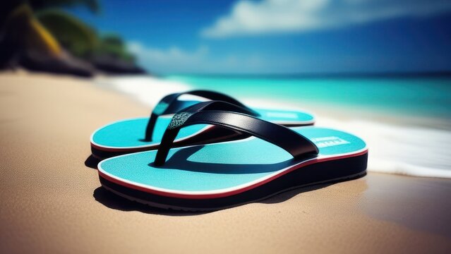 pair of blue flip-flops laid gently against tropical beach. turquoise sea background. Ideal for representing vacation or beach life