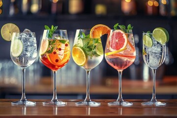 Five colorful gin tonic cocktails in wine glasses on bar counter in pup or restaurant. generative...
