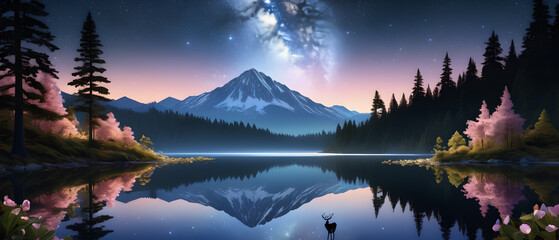 Beautiful illustration of a mountain landscape by the lake.