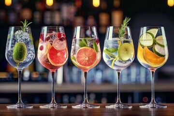 Five colorful gin tonic cocktails in wine glasses on bar counter in pup or restaurant. generative...