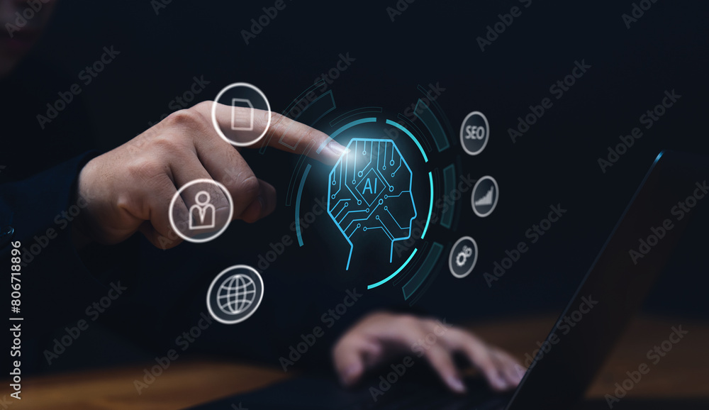 Poster business person using computer laptop with graphical charts data on marketing and ai intelligence st