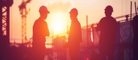 Silhouettes of construction workers working on building buildings at sunset