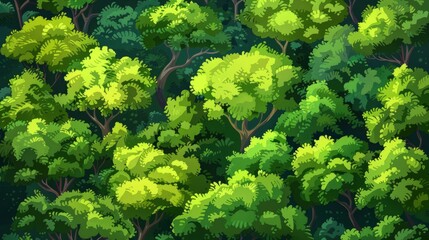 Naklejka premium Top View Of A Dark Green Forest Landscape, Cartoon Background