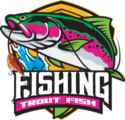 Vector Illustration of Rainbow Trout Fish with Fishing Bait and Waves on Vintage Illustration Available for Fishing Badge