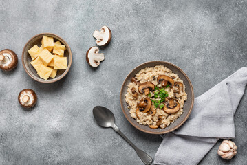 Risotto with mushrooms in a bowl on a gray concrete background. Traditional Italian food. Top view, flat lay.