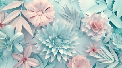 Bunch of paper flowers neatly arranged on a solid blue background
