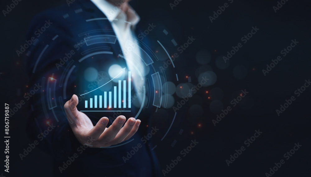 Poster businessman analyzing company's financial revenue and profit with value increasing charts, informati