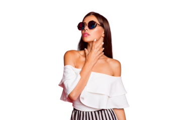 Photo of pretty lady wear sunglass glamour clothes touch neck feel flirty coquette isolated over green color background