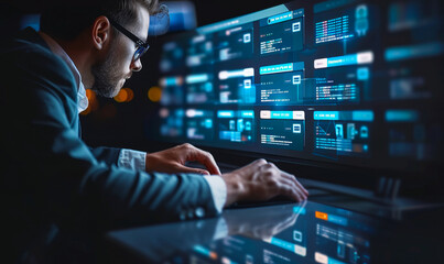 Fototapeta premium Agile Developer Utilizing Kanban Board Virtual Interface - Efficient Lean Project Management Software Development Concept Visualization