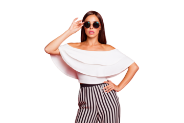 Portrait of nice content magnificent well-groomed attractive cool lady wearing white off-the-shoulders top pants touching glasses isolated over pastel red background