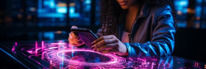 Female professional using biometric fingerprint scanner on smartphone for secure mobile banking, financial data access with innovative cyber security technology