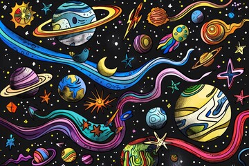 Obraz premium Cartoon cute doodles of a cosmic game of leapfrog between moons and planets, jumping over asteroid hurdles, Generative AI