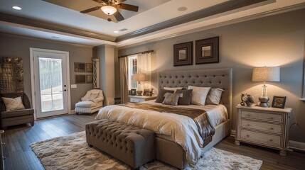 master bedroom with elegant interior design featuring a made bed with white and brown pillows, a white headboard, and a brown blanket the room is illuminated by two lamps, one on either