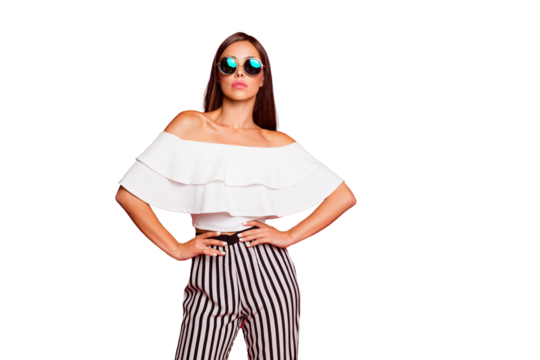 Portrait of cool elegant content sure well-groomed stunning lady wearing white off-the-shoulders top wide pants holding hands on waist looking straight isolated over pastel red background