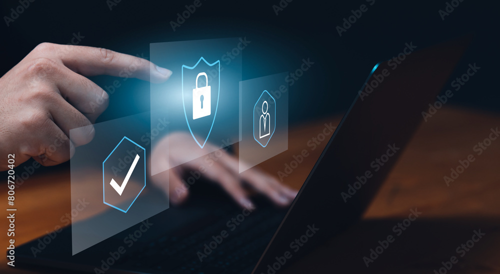 Poster digital security and verification of business person using computer laptop to verify system access s