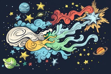 Obraz premium Cartoon cute doodles of a cosmic pillow fight between rival galaxies, with stars and planets as fluffy projectiles, Generative AI