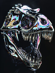 Obraz premium Black 3d render of holographic chrome futuristic dinosaur skull, front view, open mouth, big teeth, macro closeup of black displaying white iridescent holographic foil in style of black background