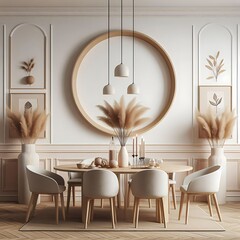 A dining room with a round frame and a table with white chairs image art attractive harmony lively.