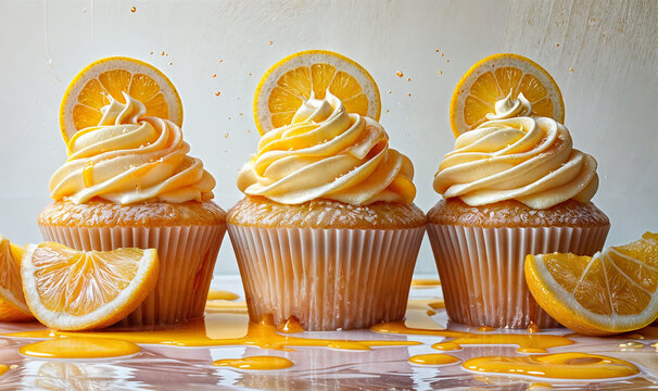 three cupcakes with lemon icing, kitchen bakery wallpaper