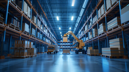 Futuristic robot arm sorting boxes in a high-tech distribution warehouse facility