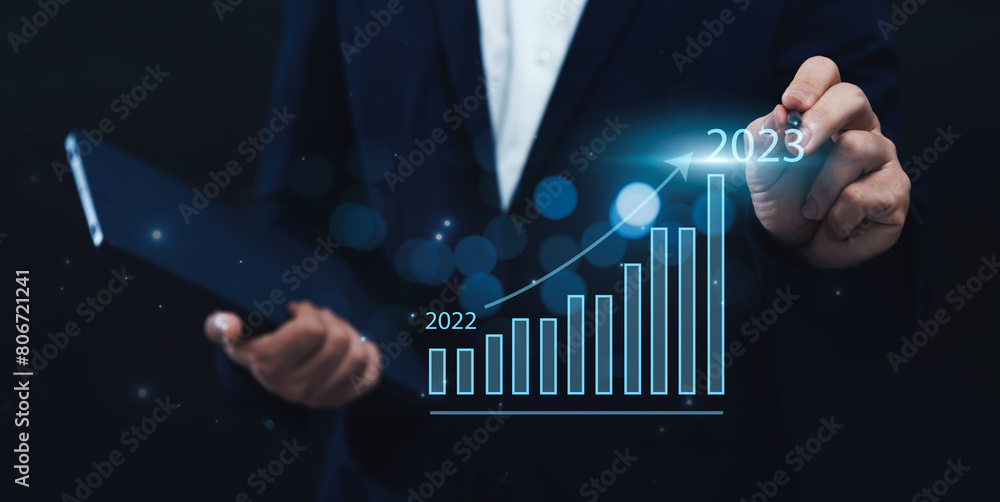 Aufkleber businessman analyzing company's financial revenue and profit with value increasing charts calculatio
