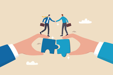 Partnership, teamwork or collaboration to success, solve jigsaw puzzle together, agreement or solution to win corporate trust, cooperation concept, businessman handshake connect jigsaw together.