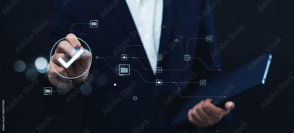 Poster businessman using tablet managing folder data and document management system dms, information comput